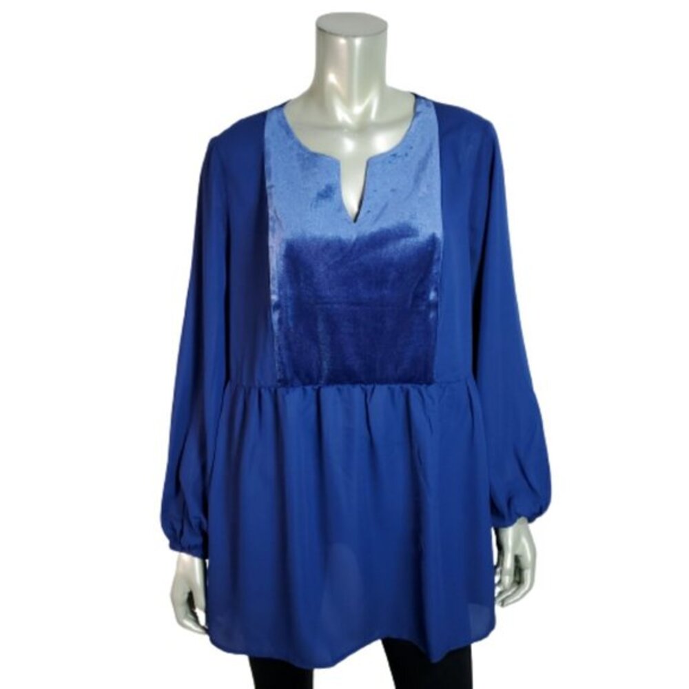 Woman Within Peasant Top‎ Plus Size 14/16 Velvet V-Neck Long Sleeve Blue NWT